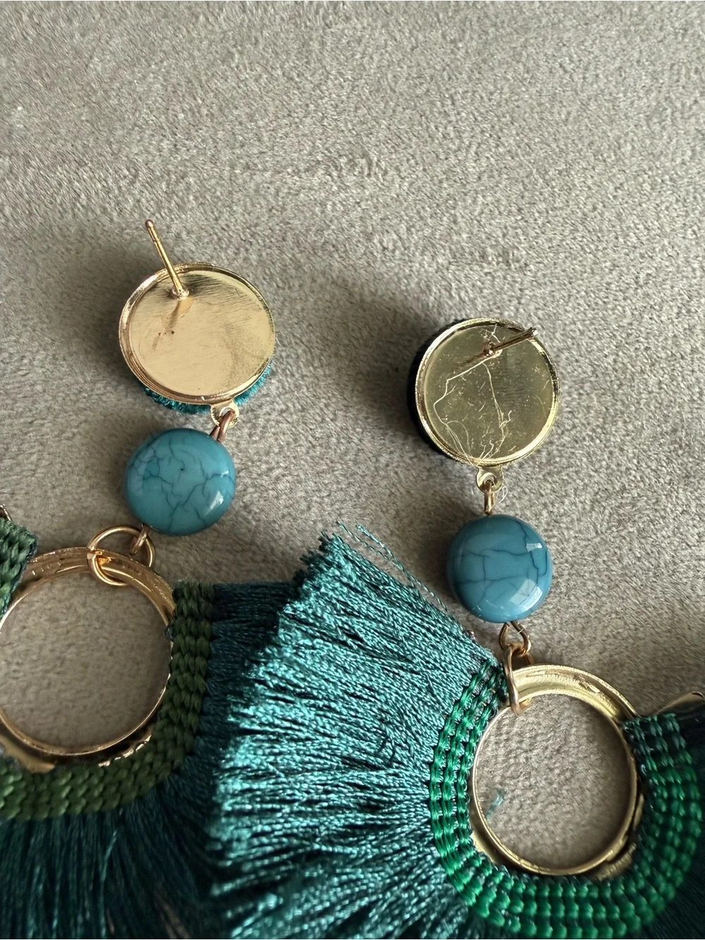 Teal Fringe Statement Earrings - Gold Accent